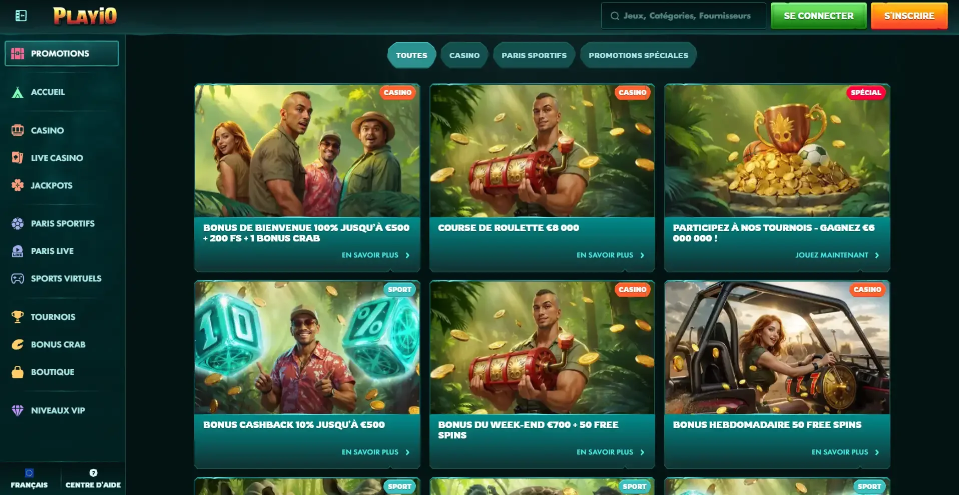 Page des bonus de promotions Playio casino en ligne