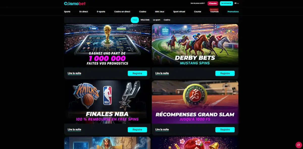 Page promotions des bonus cosmobet