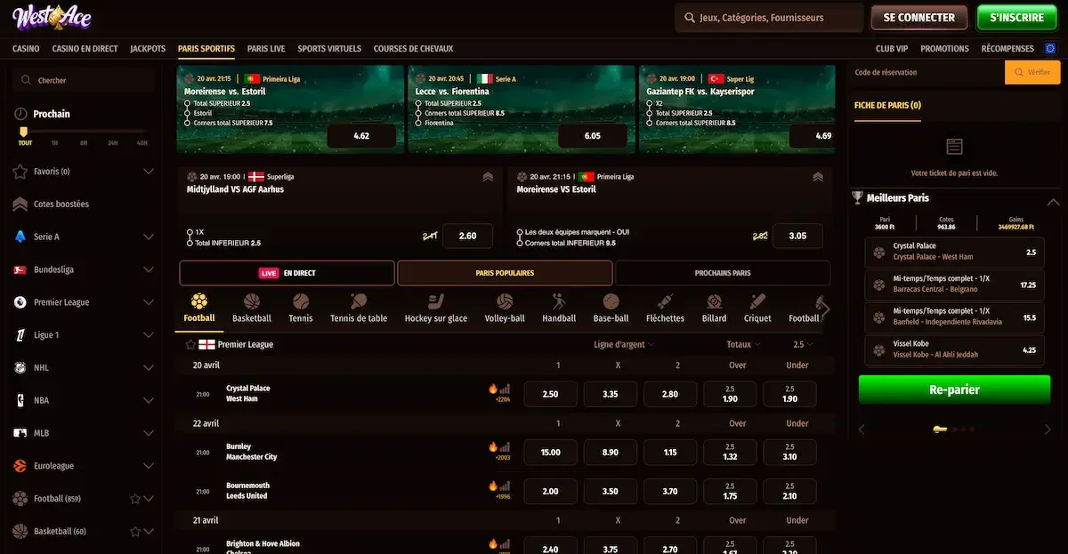 Interface paris sportifs du casino en ligne westace
