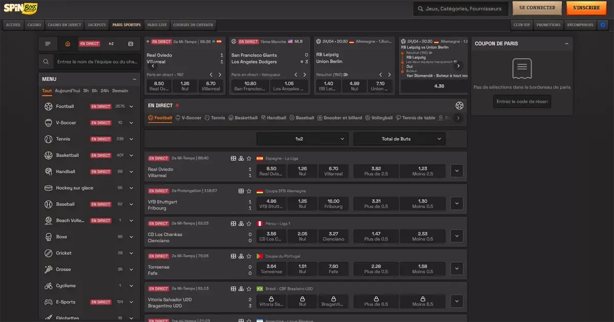 Interface du book maker / paris sportifs sur spinboss casino