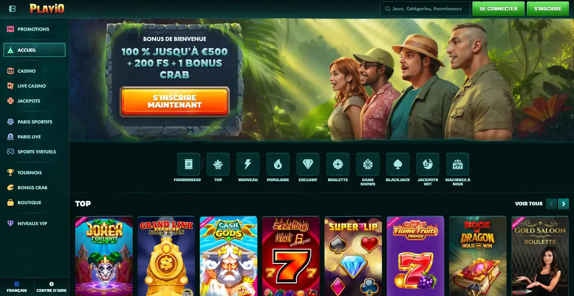 Page d&rsquo;accueil de PlayiO Casino avec bonus de bienvenue 100 % jusqu&rsquo;&agrave; 500 &euro; et 200 free spins, interface jungle et jeux populaires