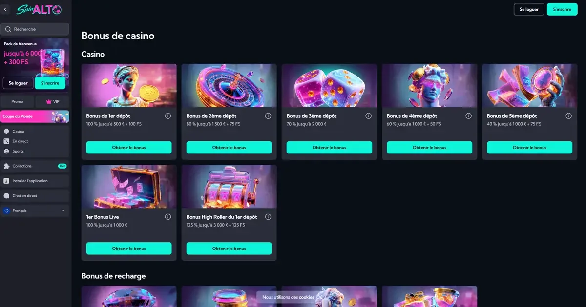 La page des bonus et promotions sur spinalto casino