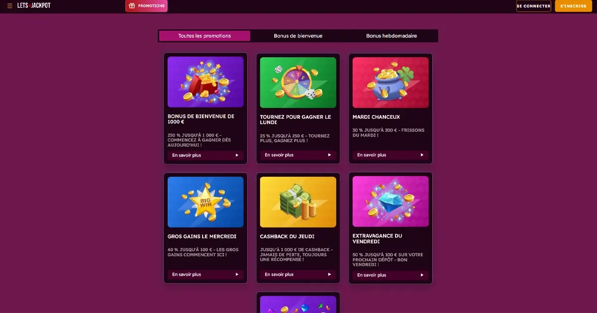 Promotions r&eacute;guli&egrave;res du casino en ligne Lets Jackpot