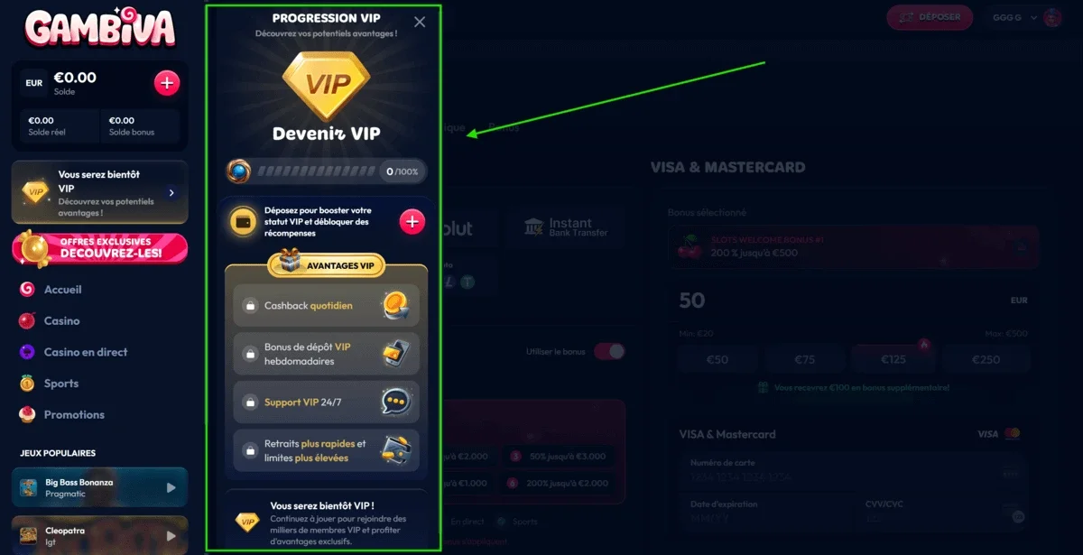 Rang VIP du casino en ligne Gambiva