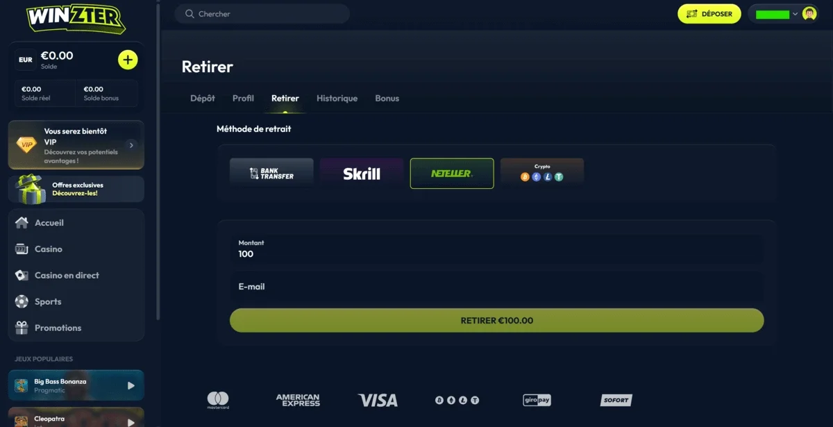 Page de retrait Winzter affichant les m&eacute;thodes Bank Transfer, Skrill, Neteller et crypto, avec champ montant et bouton retirer