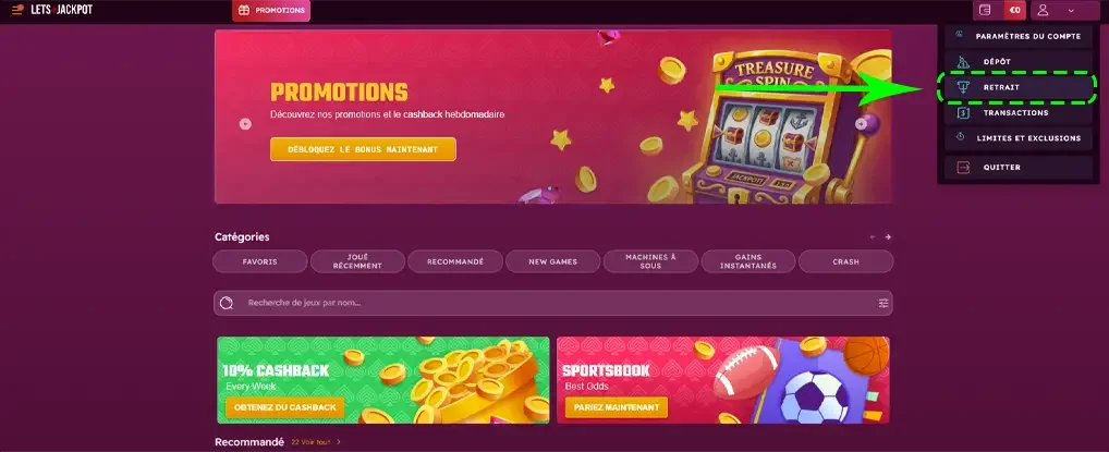 Bouton retrait sur le casino en ligne Let's Jackpot