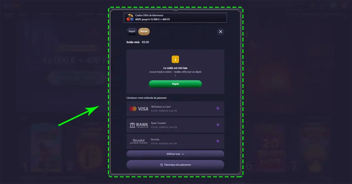 Interface de retrait sur le casino en ligne LolaJack