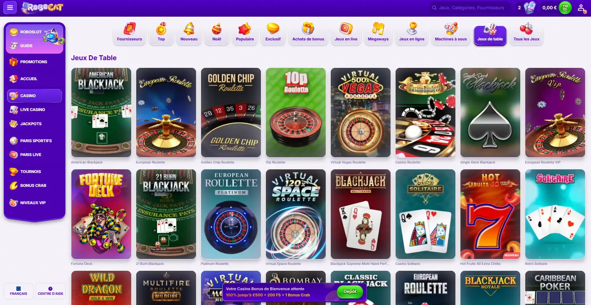 Les jeux de table du casino en ligne robocat casino
