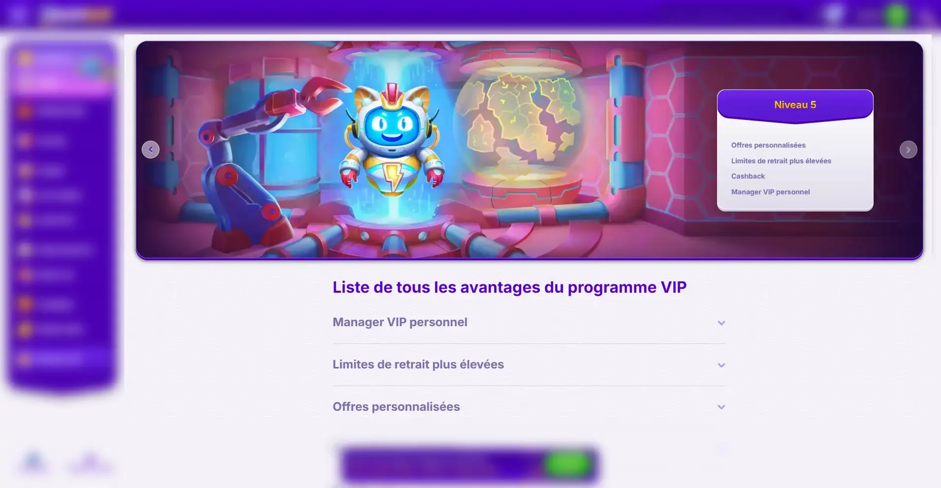Page de la cat&eacute;gorie VIP sur le casino en ligne Robocat