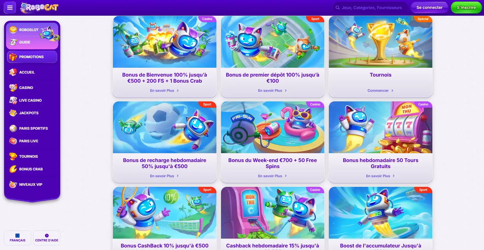Les bonus disponibles chez Robocat Casino