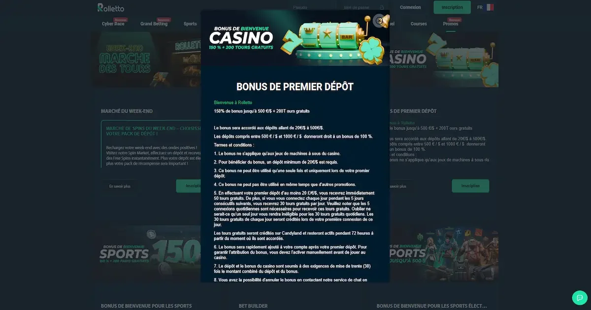 Bonus de bienvenue du casino en ligne Rolletto