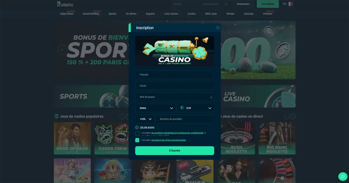 Le formulaire d'inscription sur Rolletto casino
