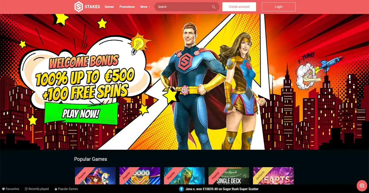 Page d'accueil du casino en ligne Stakes avec 100 pourcent jusqu&rsquo;&agrave; 500 euros et 100 free spins