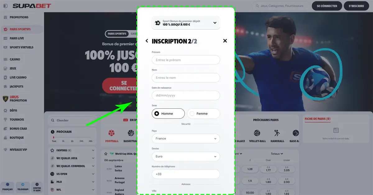 Formulaire d'inscription sur Supabet pour cr&eacute;er un compte et profiter des bonus de bienvenue