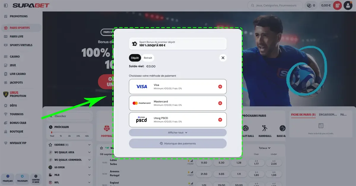 Interface du casino en ligne Supabet et options de paiement