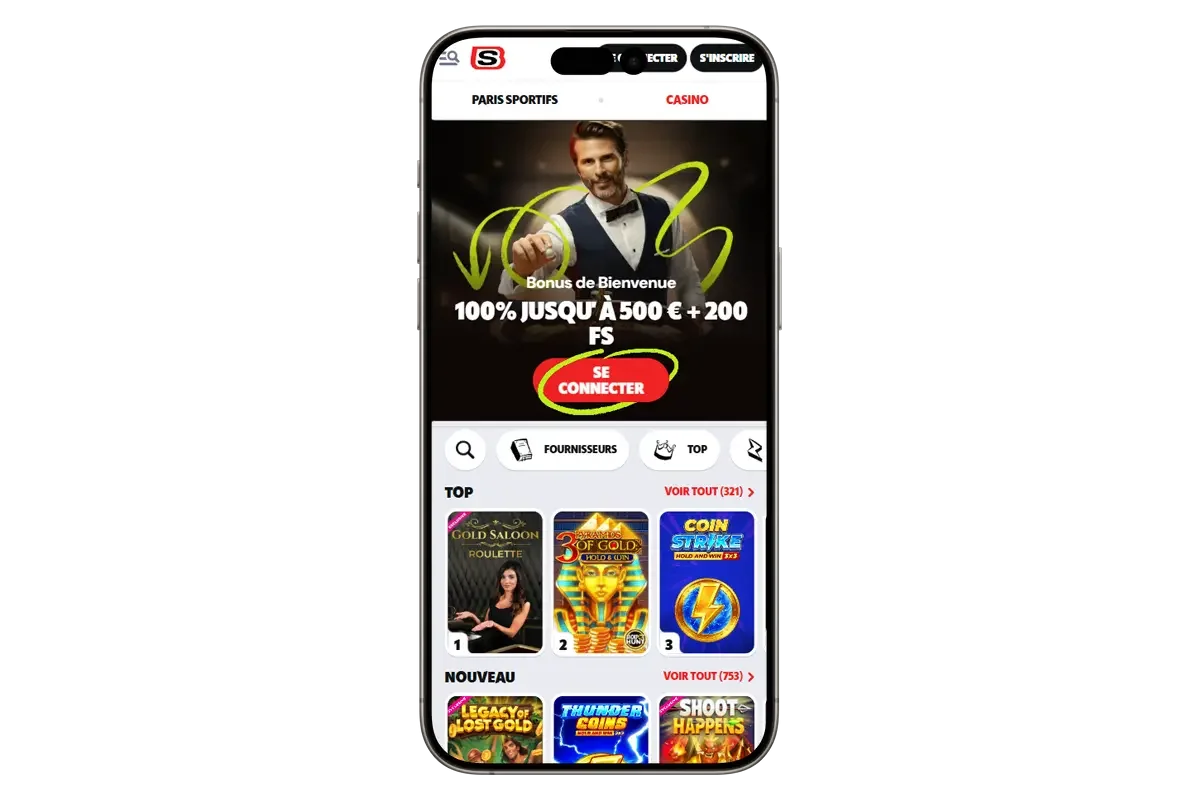 Version mobile de Supabet avec bonus de bienvenue 100% jusqu'&agrave; 500&euro; et 200 free spins