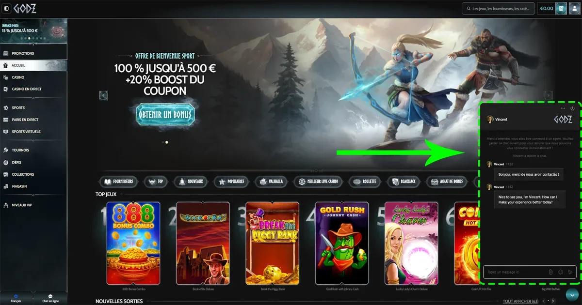 Support client live du casino Godz