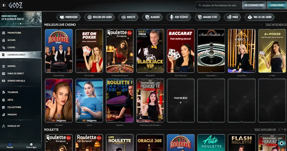 Section des jeux live casino sur Godz Casino