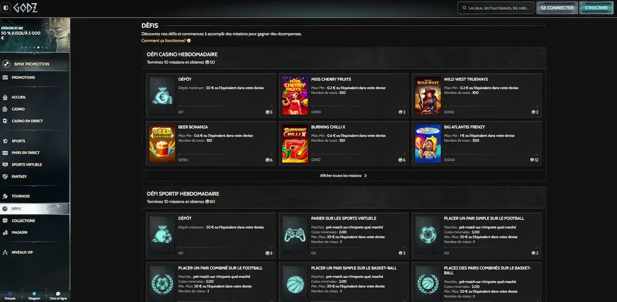 La section d&eacute;fis sur godz casino