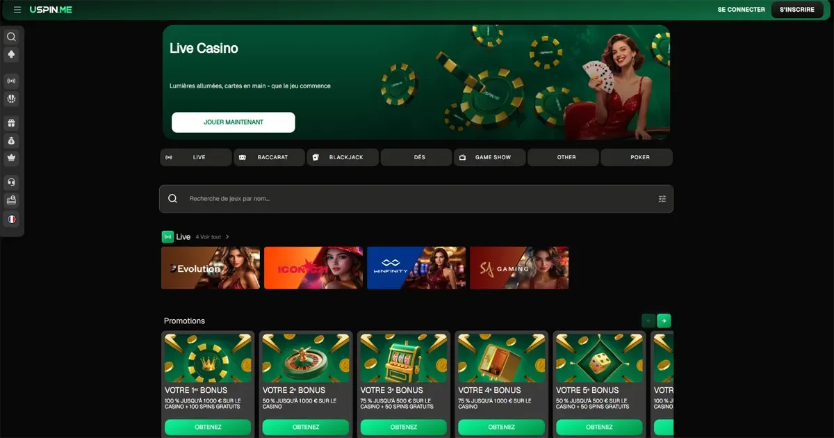Section des jeux en direct sur Uspin casino