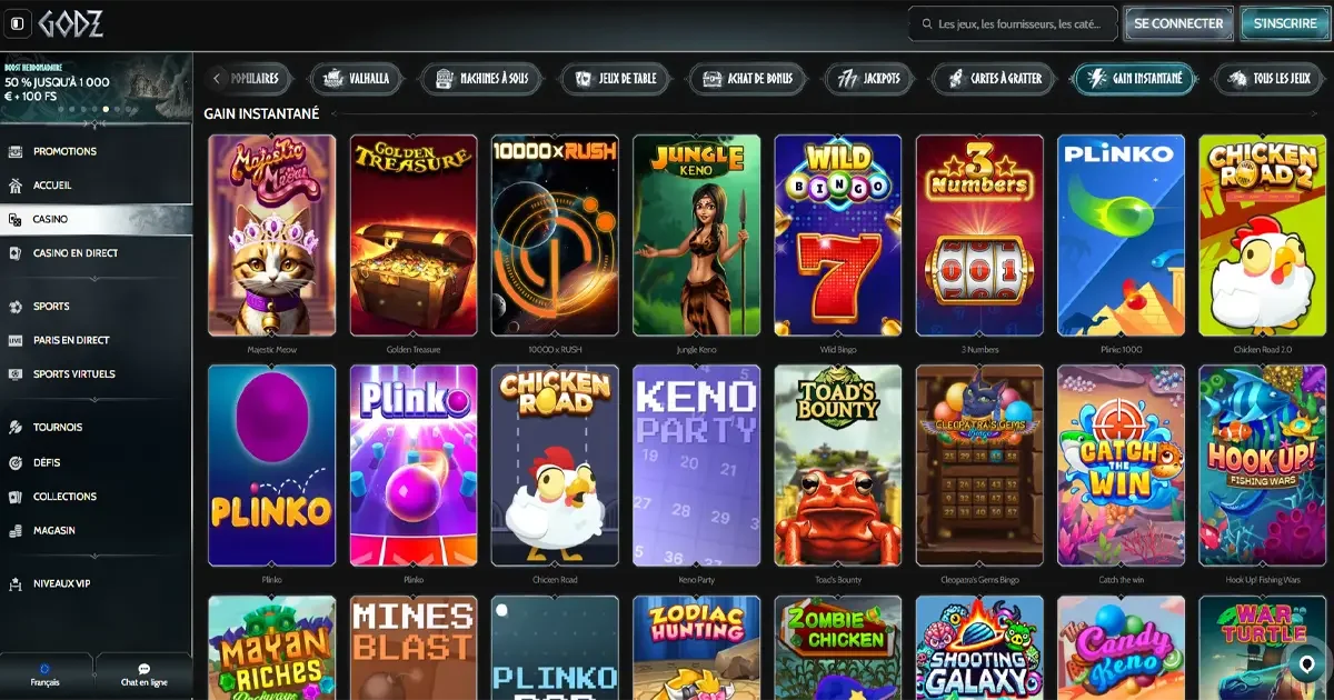 Interface mini-jeux et gains instantan&eacute; sur Godz Casino en ligne