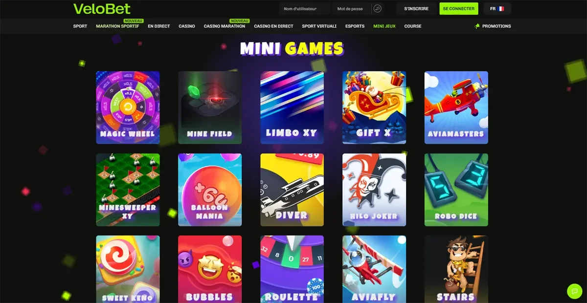 La section des mini jeux sur velobet casino
