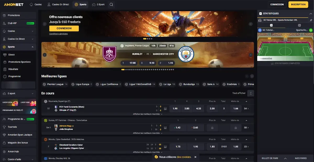La section paris sportifs sur le casino en ligne Amonbet