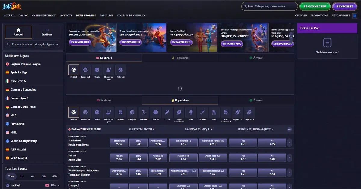 La section des paris spotifs sur le casino en ligne Lolajack