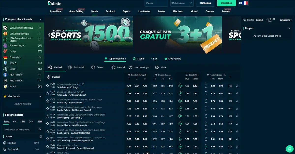 Section paris sportifs sur le casino en ligne Rolletto casino
