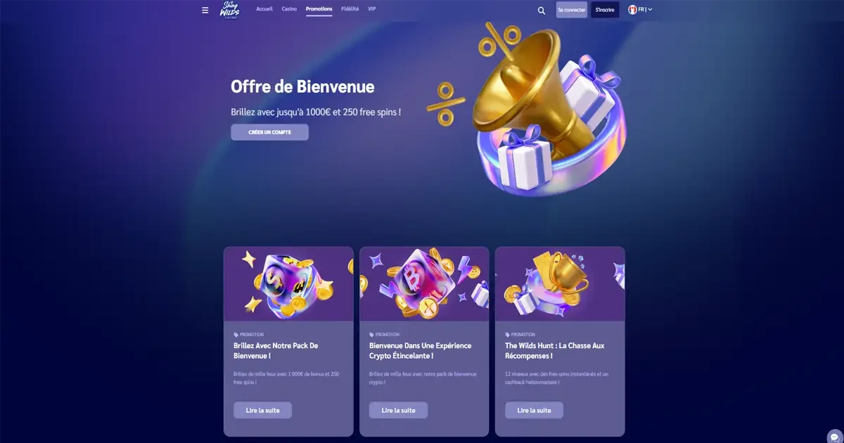 Offre de bienvenue Shiny Wilds Casino avec bonus jusqu&rsquo;&agrave; 1000&euro; et 250 free spins