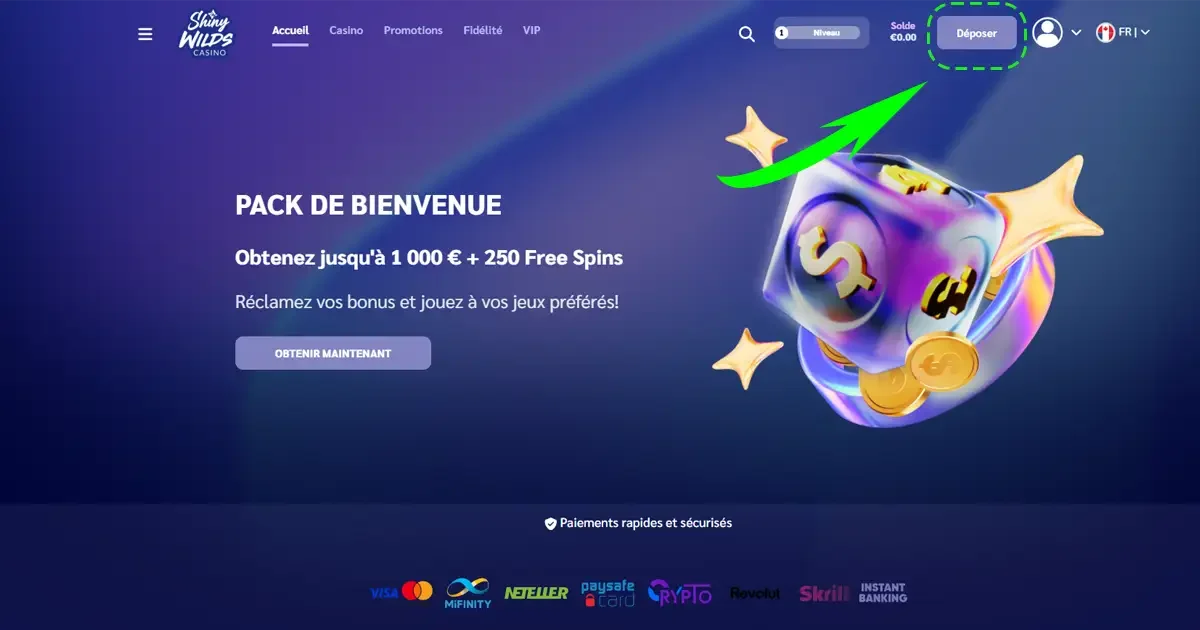 Page d&rsquo;accueil de Shiny Wilds Casino avec le pack de bienvenue et le bouton D&eacute;poser