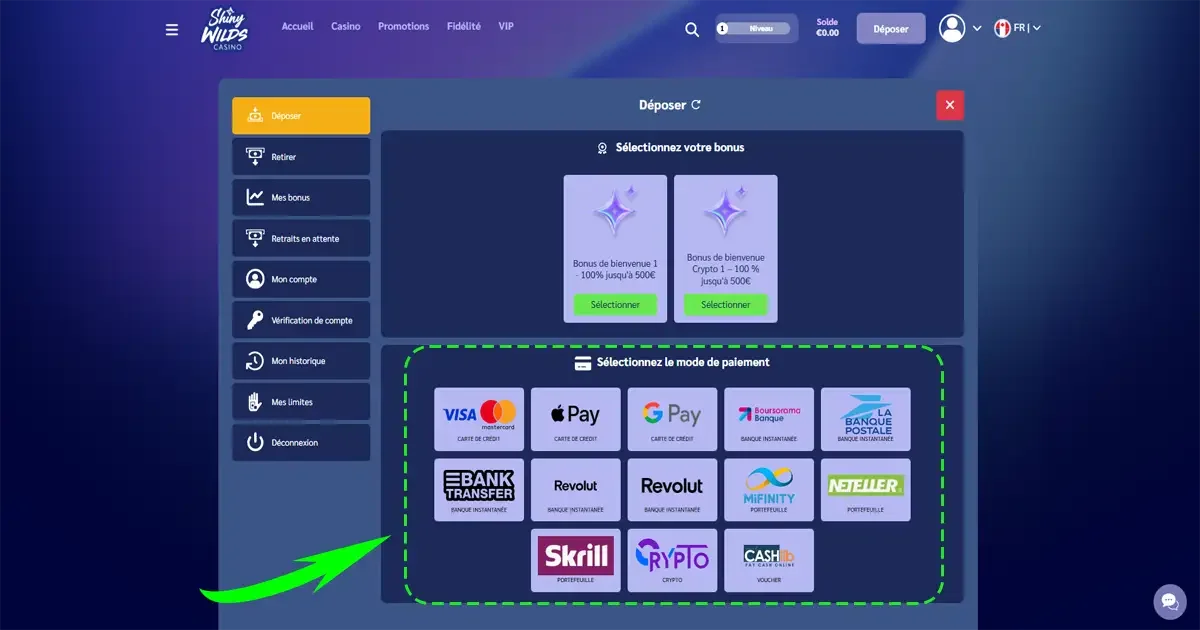 M&eacute;thodes de d&eacute;p&ocirc;t accept&eacute;es sur Shiny Wilds Casino dont Visa, Mastercard, Apple Pay, Google Pay, Revolut, Skrill et crypto