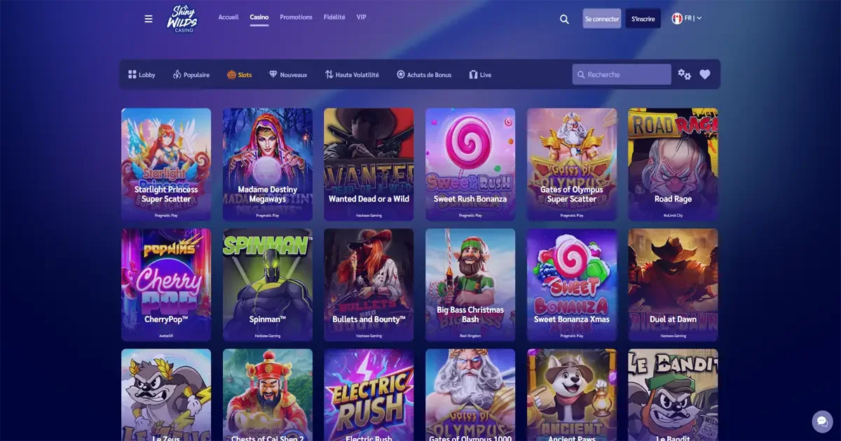 Lobby des machines &agrave; sous de Shiny Wilds Casino avec les jeux populaires en ligne
