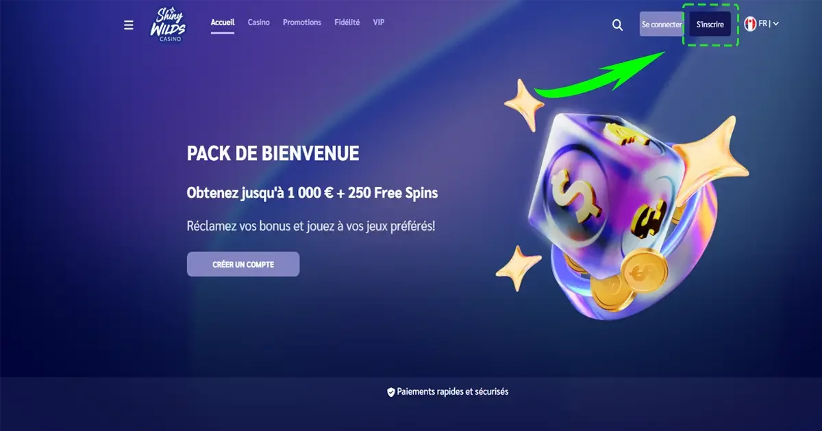 Bouton S&rsquo;inscrire sur la page d&rsquo;accueil de Shiny Wilds Casino