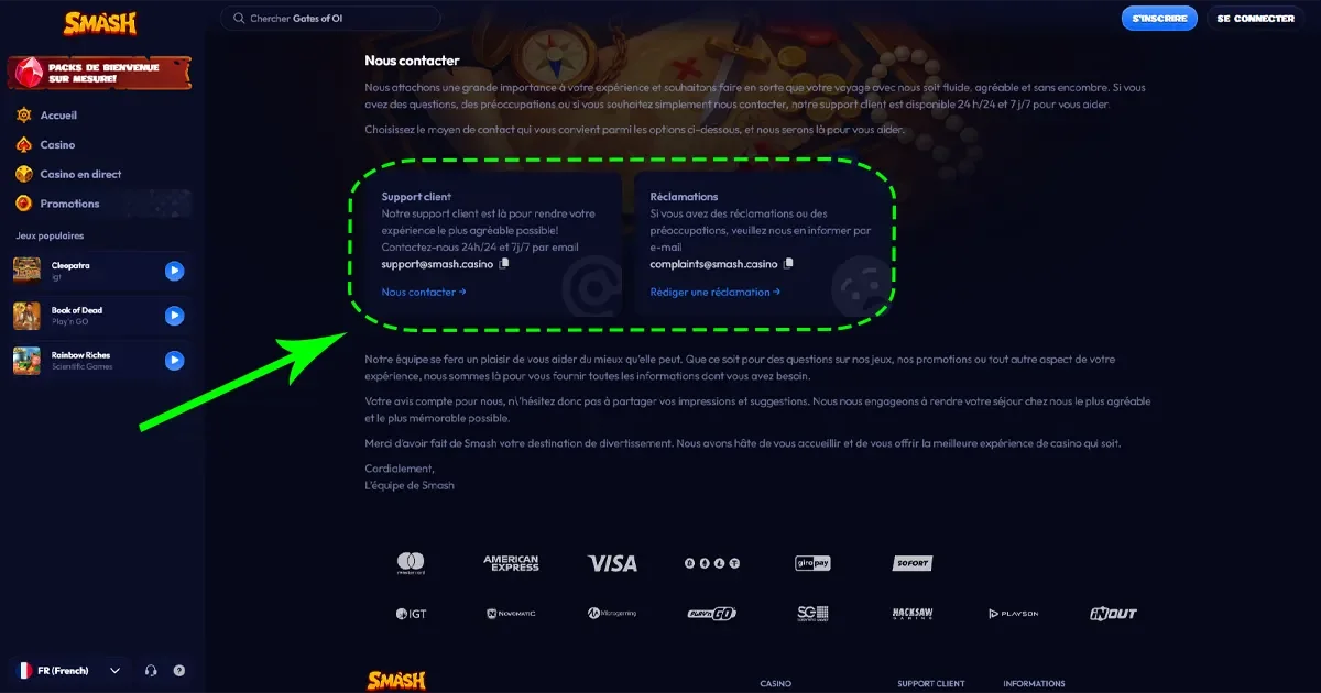 Section nous contacter smash casino