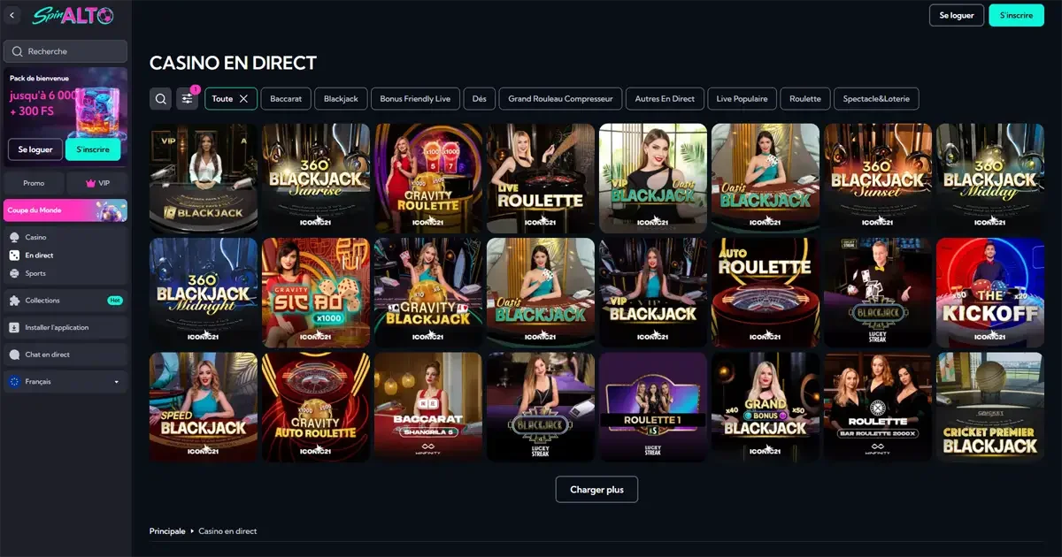 La section casino en direct sur Spinalto casino