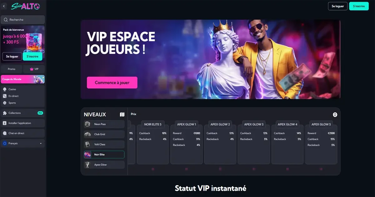 Interface VIP sur spinalto casino