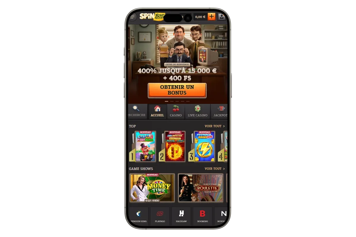 Aper&ccedil;u du casino Spinboss sur t&eacute;l&eacute;phone mobile