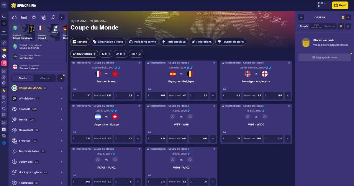 Bookmaker du casino en ligne spinorhino pour parier sur la coupe du monde