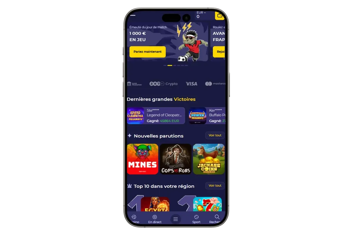 Aper&ccedil;u du casino en ligne Spinorhino sur mobile