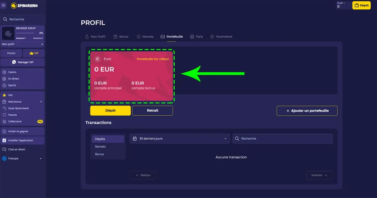 Interface de retrait sur le casino spinorhino