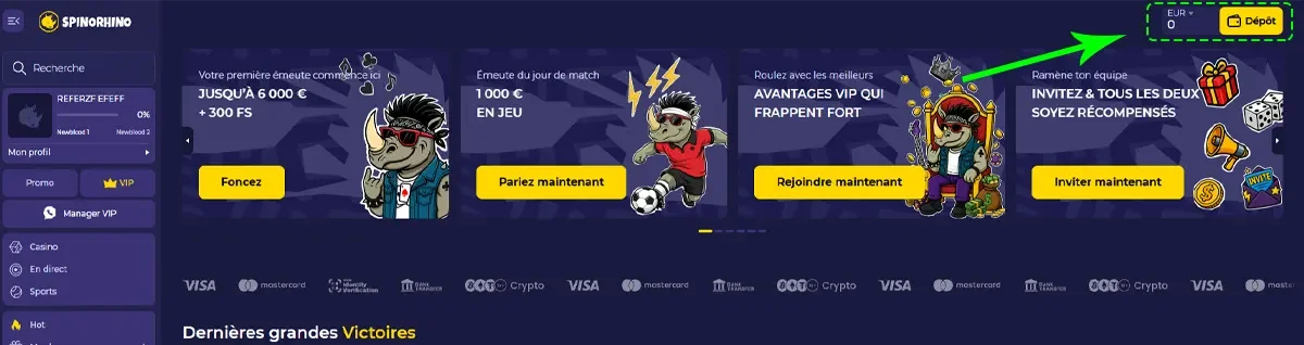 Bouton pour d&eacute;poser sur Spinorhino casino