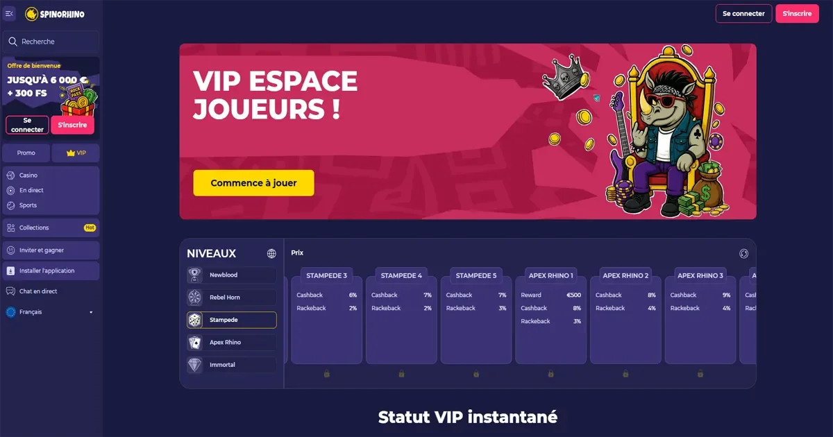 Section vip sur spinorhino casino
