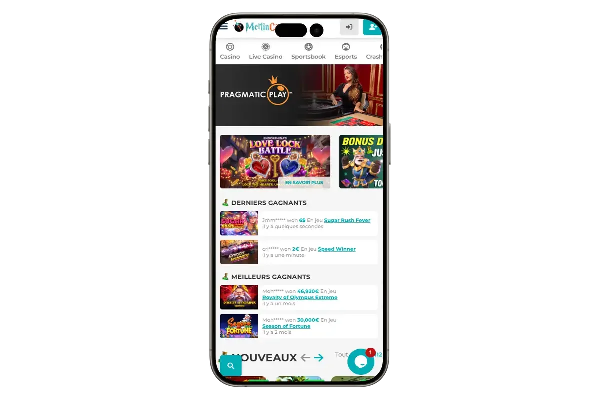 Page d'accueil du casino Merlin casino sur le t&eacute;l&eacute;phone mobile