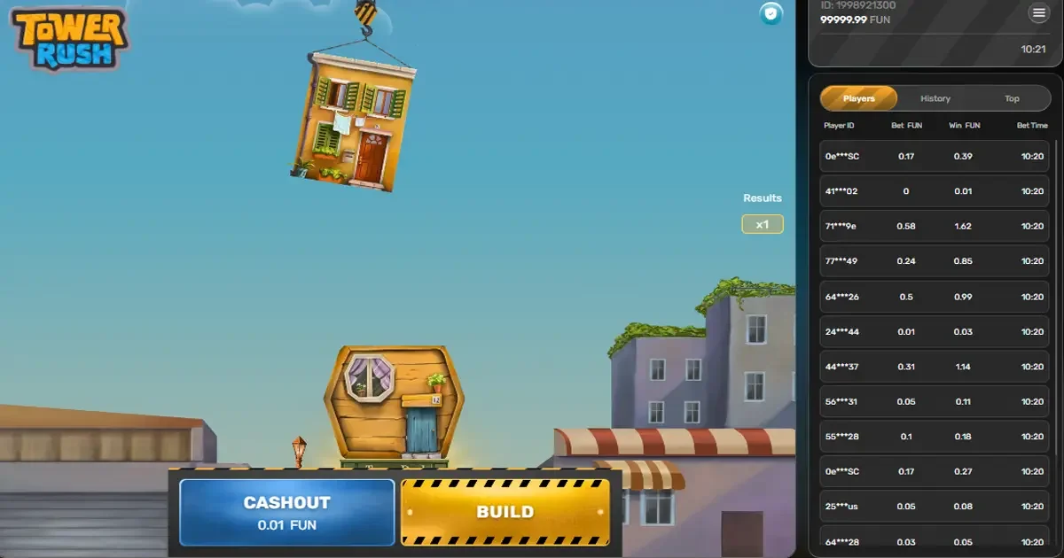 Interface du jeu Tower Rush casino avec options Build et Cashout et maisons empil&eacute;es