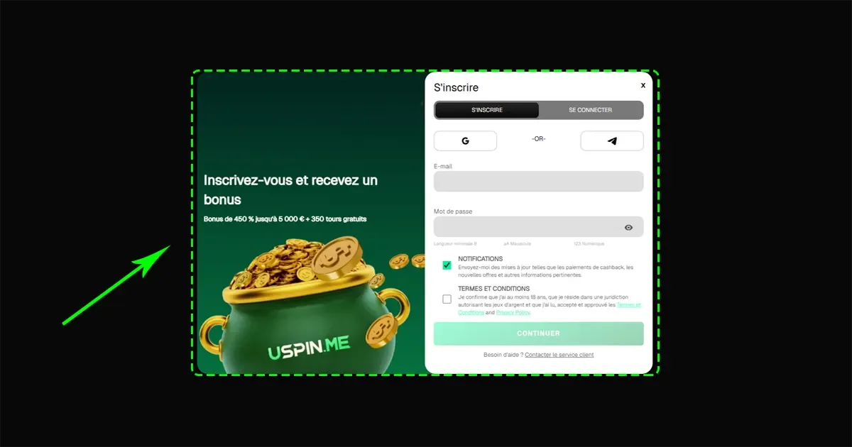 Formulaire d'inscription sur le casino en ligne Uspin.me