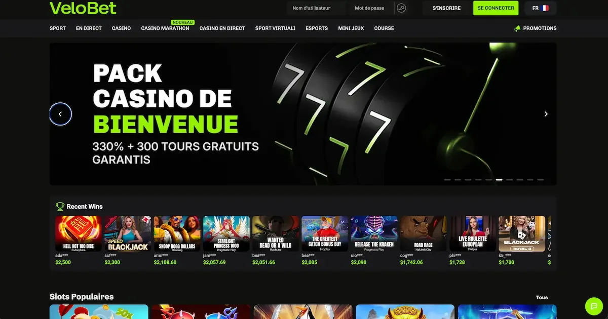 page d'accueil du casino en ligne velobet