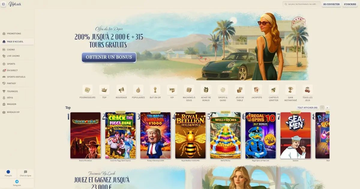 Interface du casino VipLuck avec bonus de 200% jusqu'&agrave; 2 000 &euro; et 315 tours gratuits