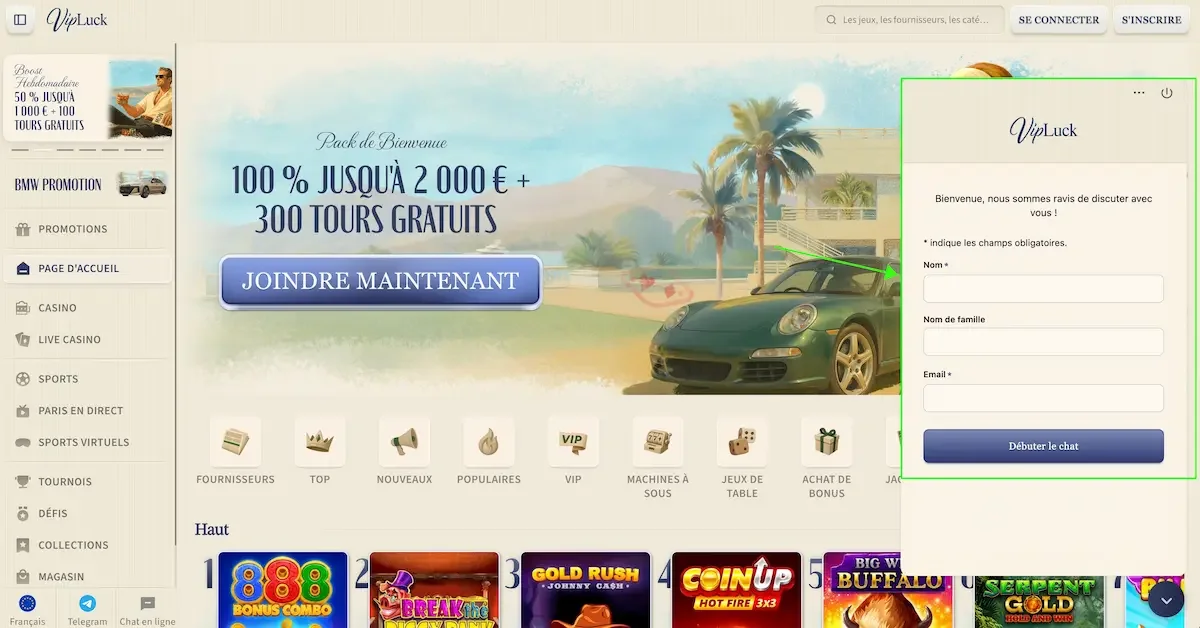 Capture d'&eacute;cran du tchat support sur Vip Luck Casino