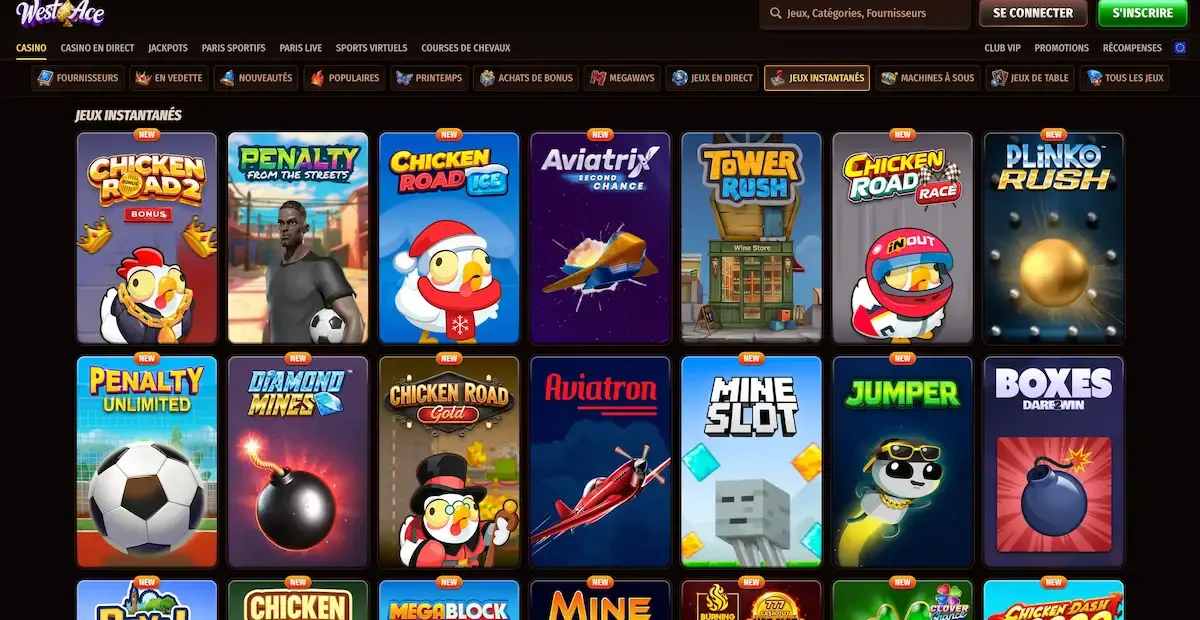 Interface des mini jeux sur le casino en ligne WestAce